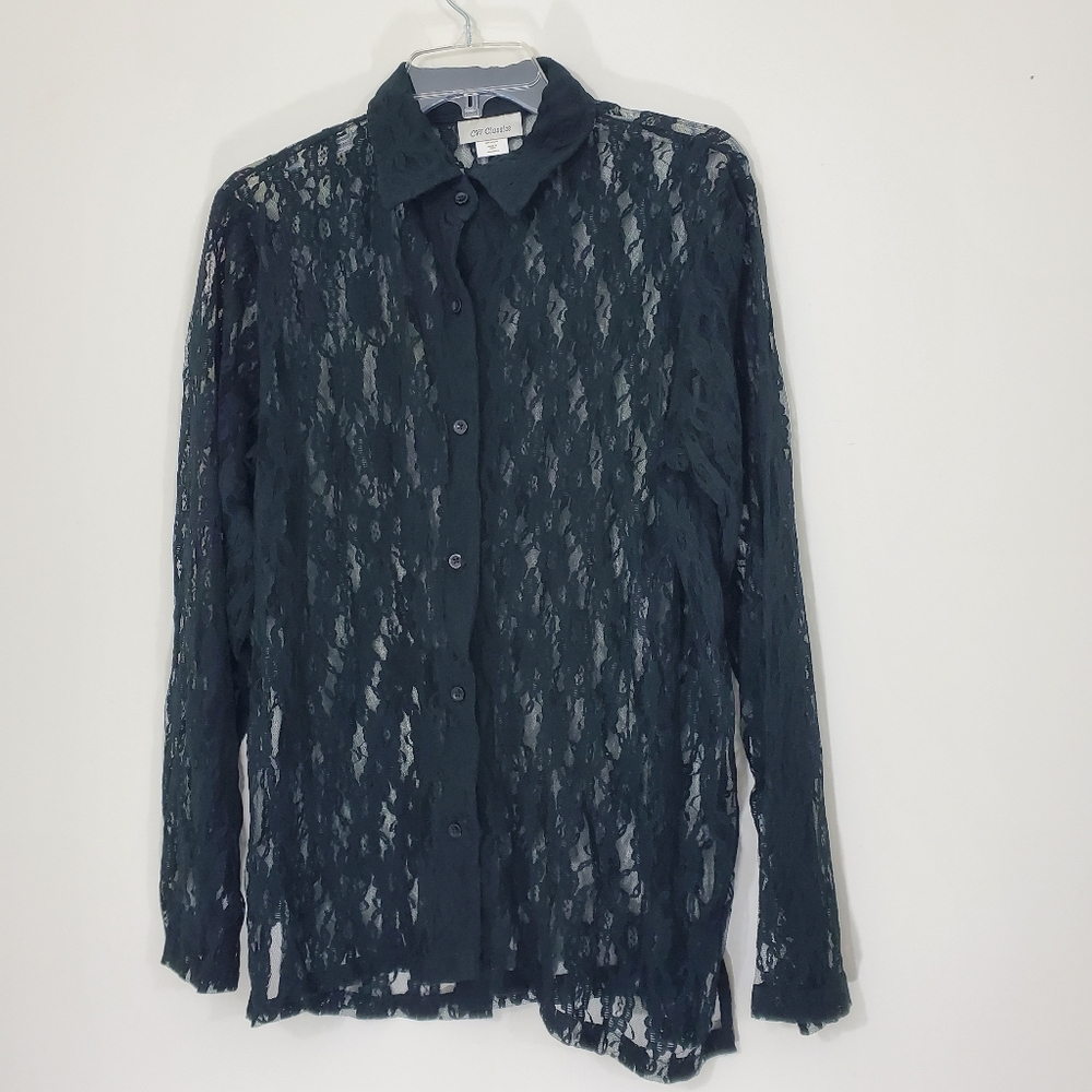 CW Classics Black Lace Buttonfront Blouse, Size Large